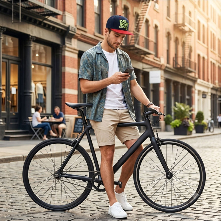 Blå snapback cap med broderet tekst "NY"- tekst på fronten – set fra siden
