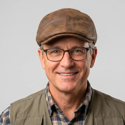 Mand med briller iført brun flat cap vintage i læderlook