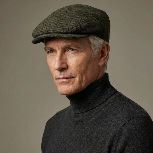 Ældre mand iført mørkegrøn tweed flat cap i herringbone-mønster og mørk rullekravesweater – kasketmand.dk